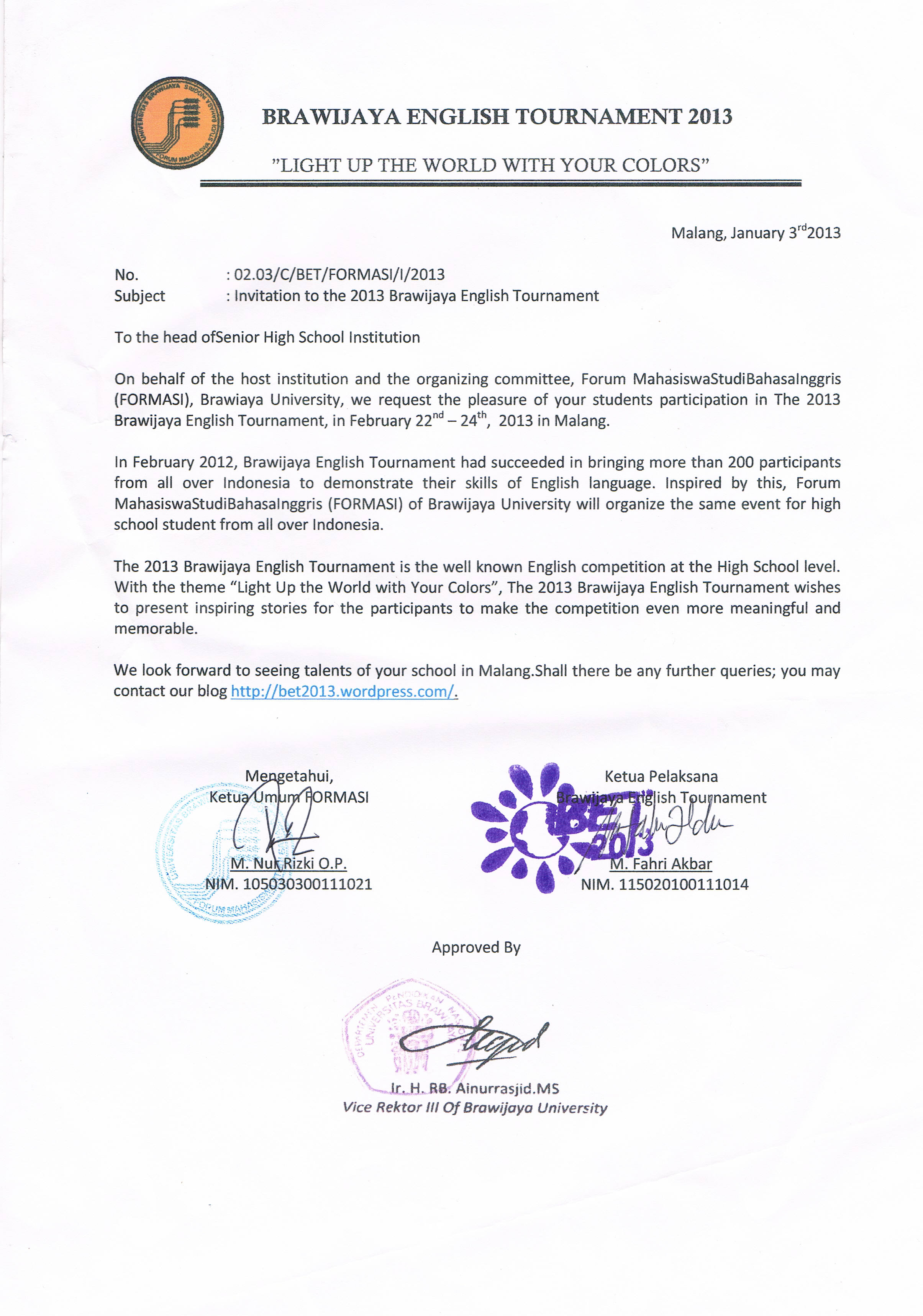 Invitation Letter  Brawijaya English Tournament 2013